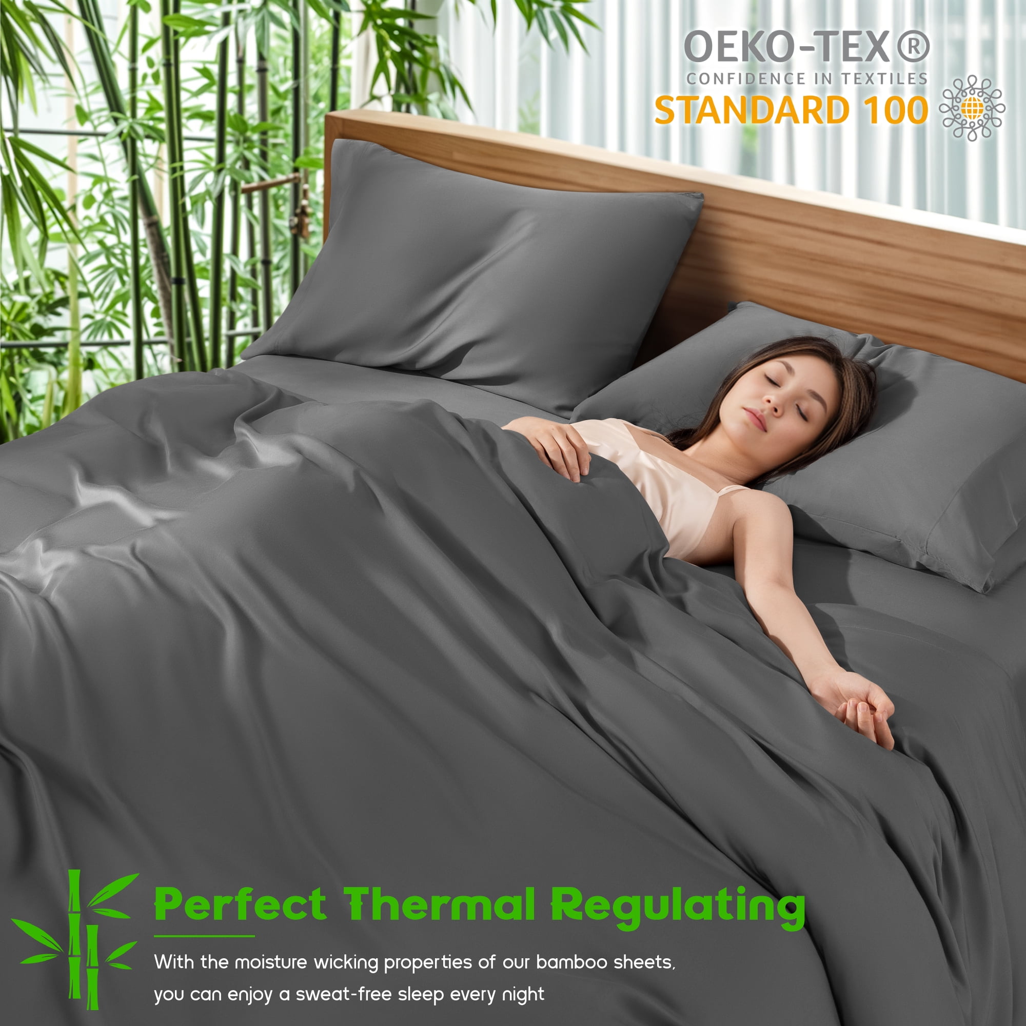 Sonoro Kate Luxury Cooling Bamboo Bed Sheet Set - Deep Pockets - 4 Piece, Queen, Dark Gray