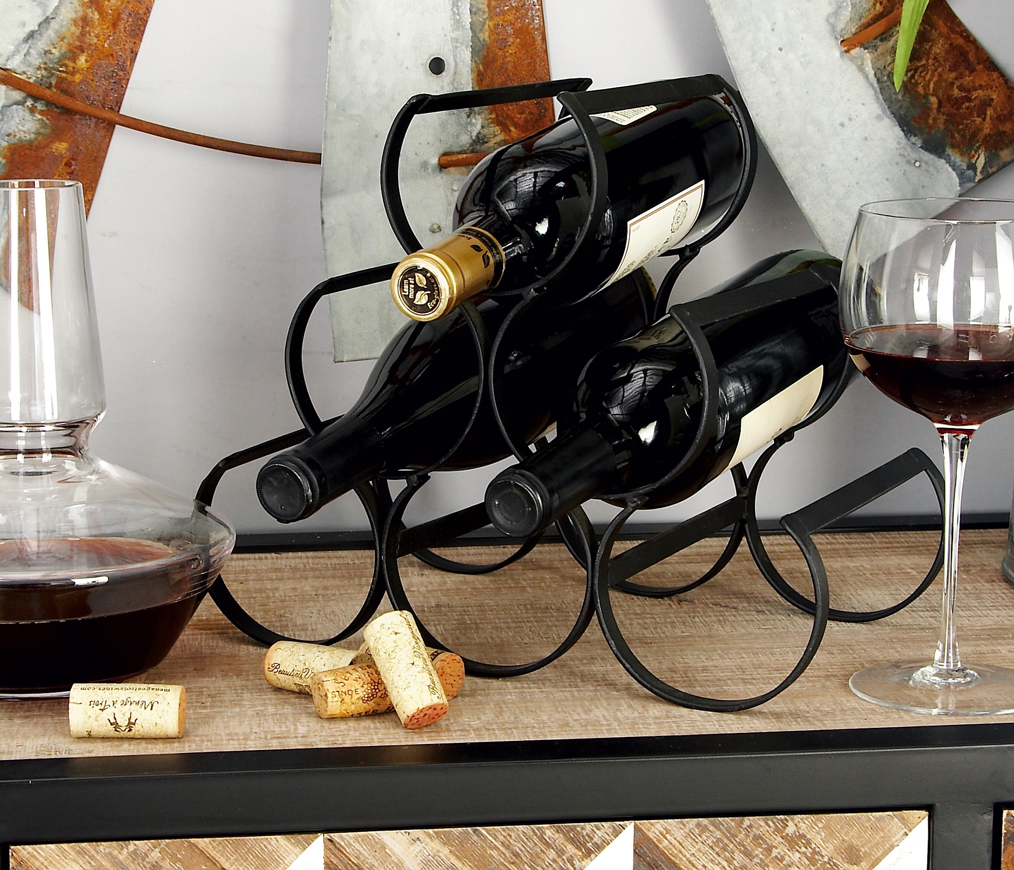 DecMode Modern Black Metal Wine Holder, 12"W, 10"H