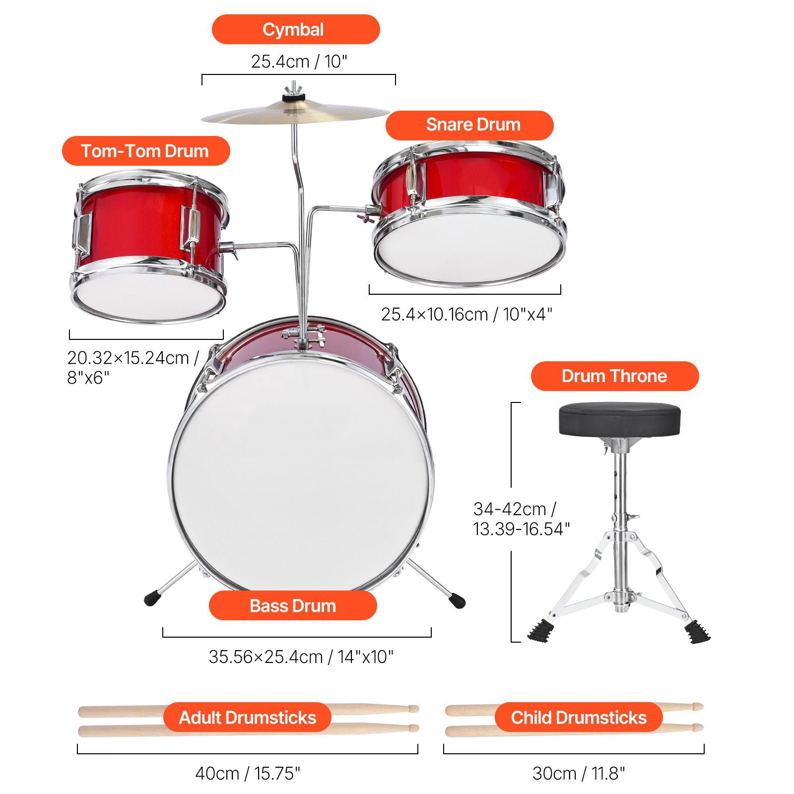 Kids Drum Set, 3-Piece 14 in Junior Drum Sets, Beginner Drums Set with Adjustable Throne, Cymbal & Two Pairs of Drumsticks, Musical Learning Drums Instruments Kit, for Children Ages 6-13 (Red)
