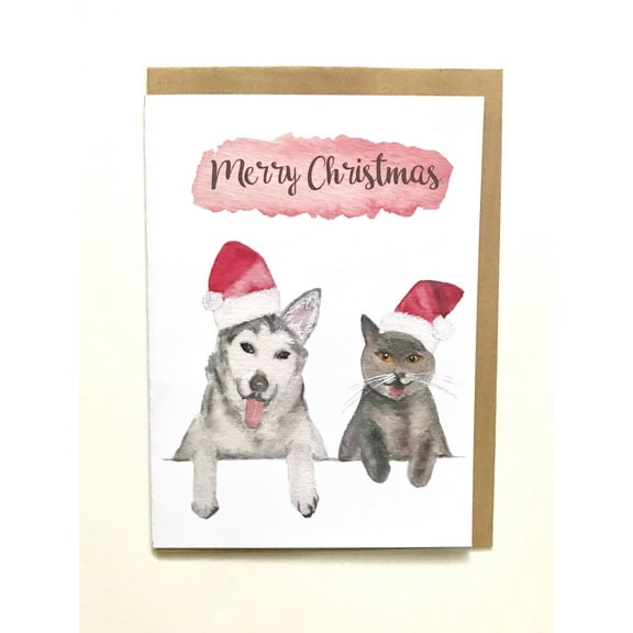 Merry Christmas Card Featuring Adorable Dog and Cat in Santa Hats – Ideal Holiday Greeting Card with Envelope Included – Perfect for Pet Lovers and Holiday Wishes