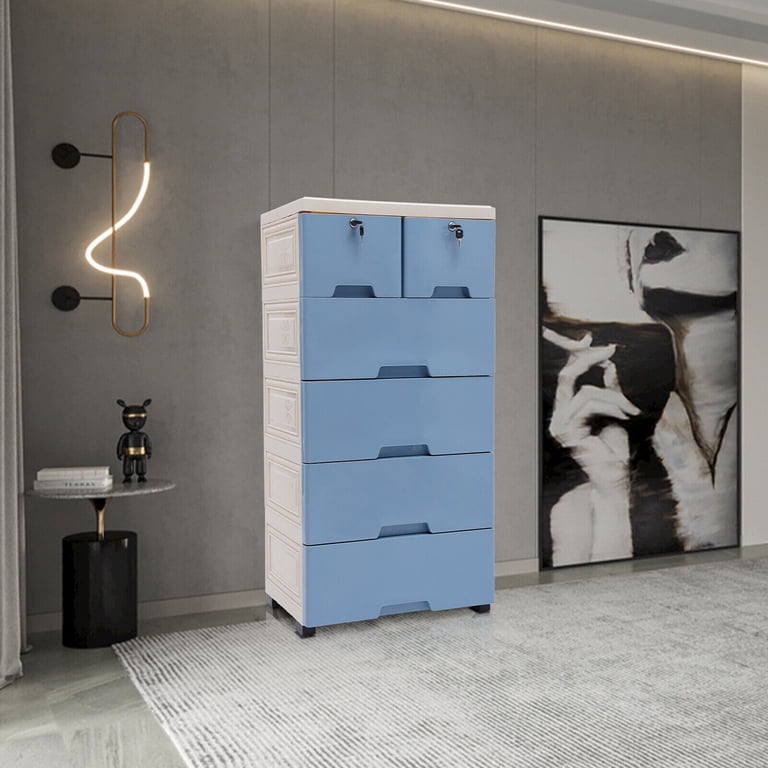 blue plastic dresser 6 Drawer Wheels Tower Wardrobe Clothes Standing Plastic, Blue, 11.8