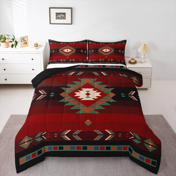 YST Twin Size Southwest Design Bedding Set Boys Girls Southwestern Geometric Comforter Set for Kids Soft Tribal Comforter Red Green Duvet Set Room Decor Quilt Boys