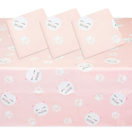

3-Pack Cat Plastic Party Tablecloths 54 x 108 Pink Kitten Rectangular Disposable Table Covers for Themed Birthday Supplies