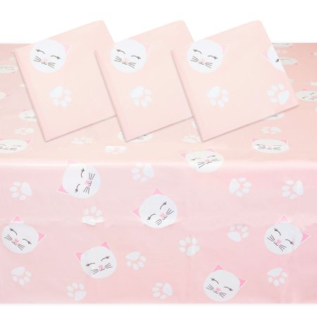 

3-Pack Cat Plastic Party Tablecloths 54 x 108 Pink Kitten Rectangular Disposable Table Covers for Themed Birthday Supplies