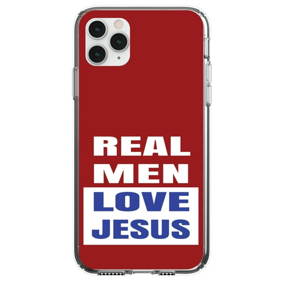DistinctInk Clear Shockproof Hybrid Case for iPhone 12 MINI (5.4" Screen) - TPU Bumper, Acrylic Back, Tempered Glass Screen Protector - Red Blue Real Men Love Jesus - Show Your Love of Christ