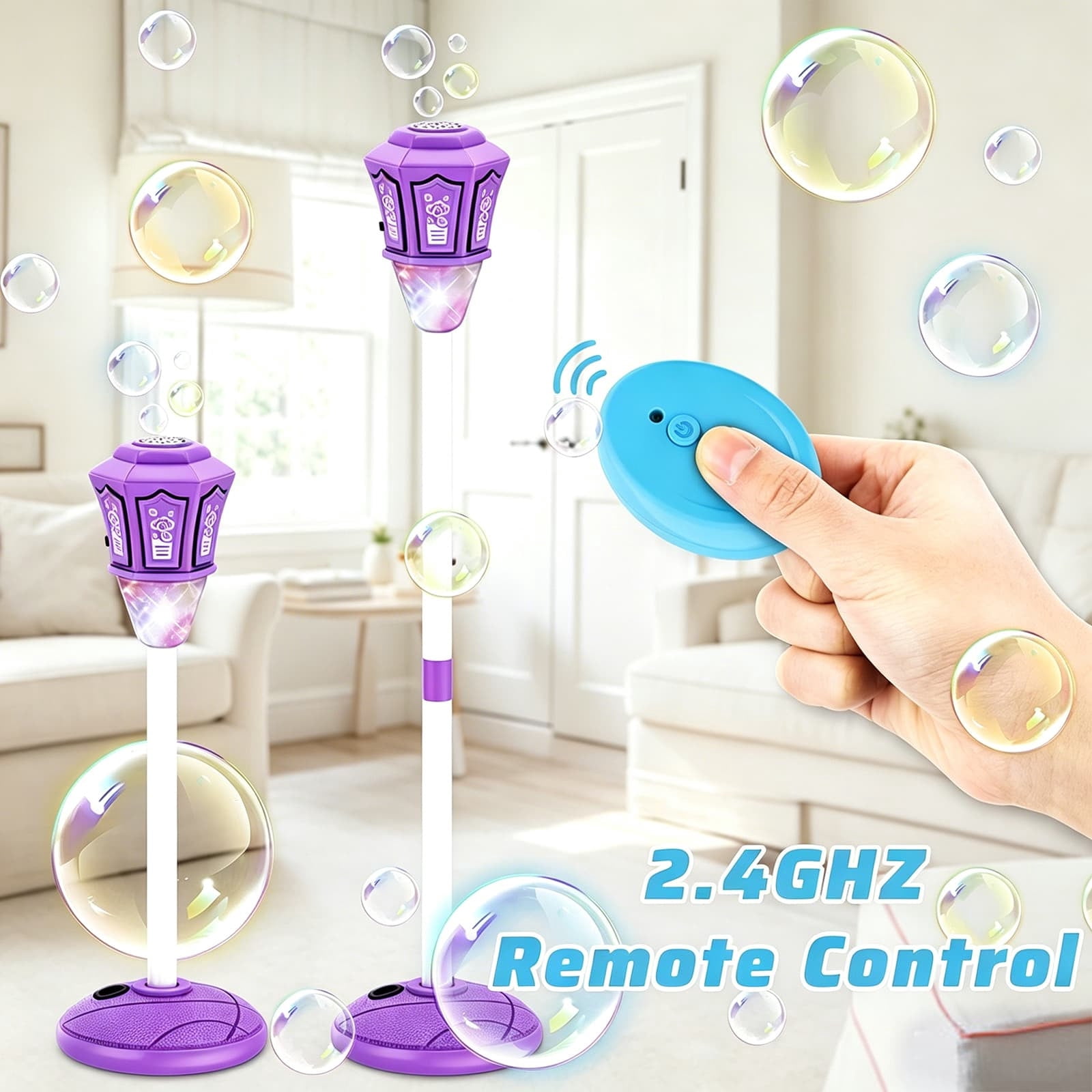 Rechargeable Automatic Bubble Machine With Light Music Adjustable Height And Detachable Wand For Outdoor Play(Purple)