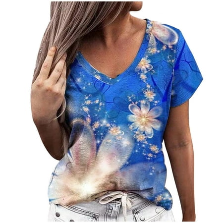 

Mrat Short Sleeve Blouses for Women Short Sleeve V-Neck Blouses & Shirts Fashion Ladies Summer V-Neck Print Casual T-shirt Blouse Scrub Tops Female