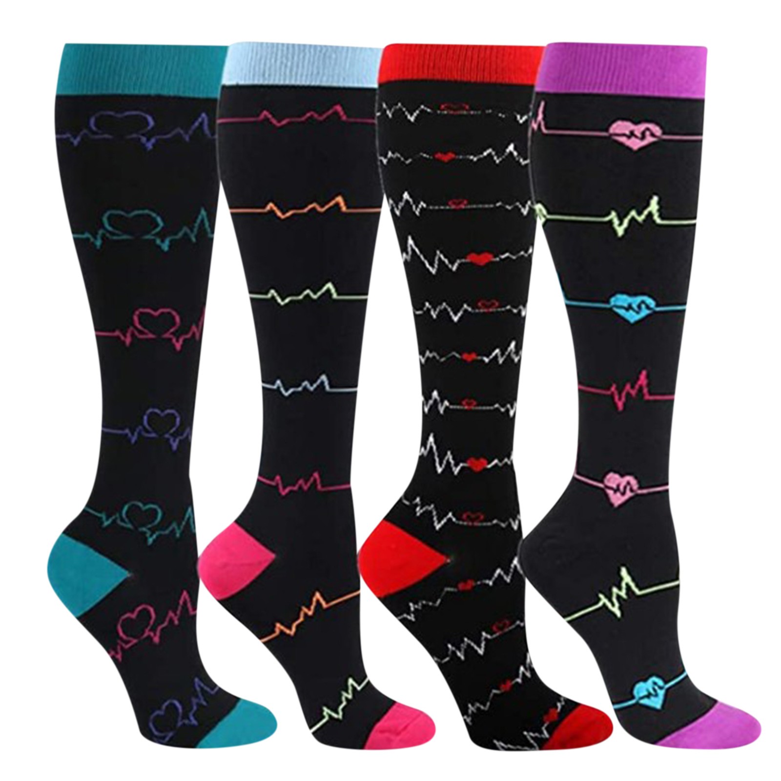 NIUREDLTD 4 Pairs Compression Socks For Women And Men Print Knee High Socks  Outdoor Sports Socks For Riding Running Black S-M 