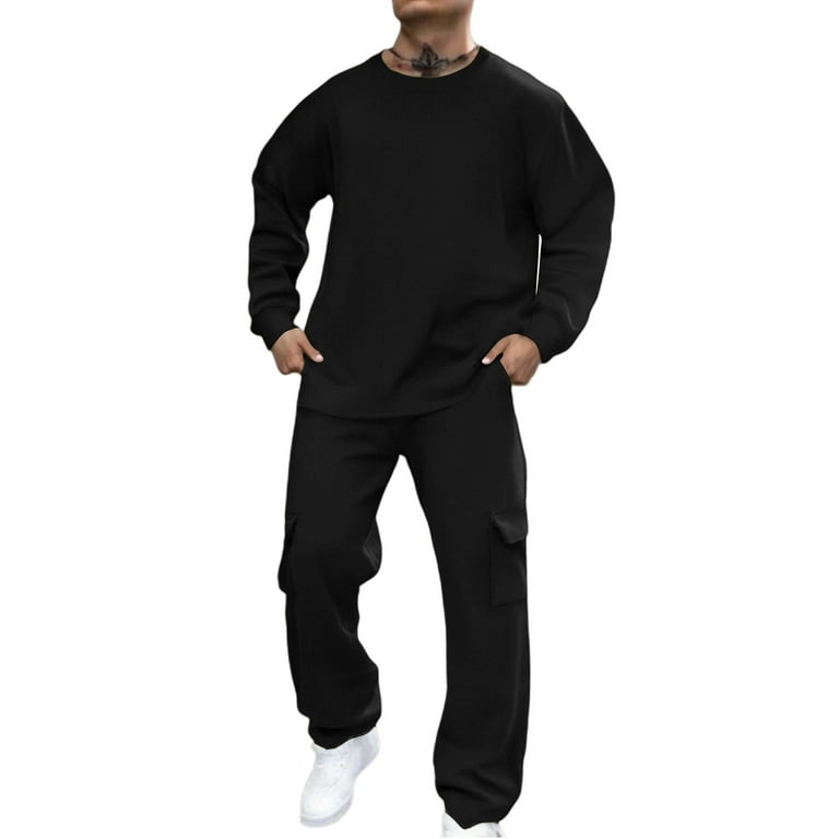 QHRMKOG Men's Pullover Tracksuit Spring Piece Plain Long Sleeve