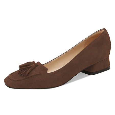 YDN Women Fashion Block Low Heel Loafers Slip On Square Toe Tassel Fringed Pumps Dressy Party Office Daily Shoes Size 13 Brown