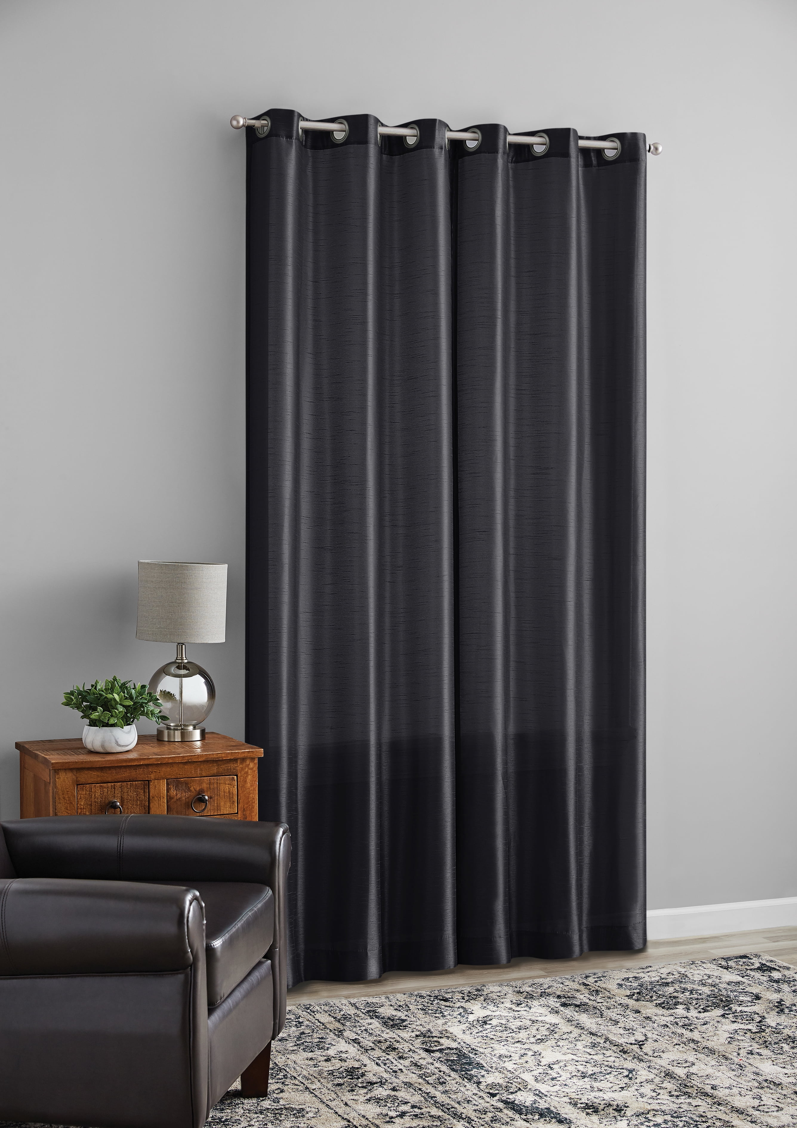 (1 pack) Mainstays Textured Faux Silk Light Filtering Grommet Curtain Panel, Set of 2, Black, 37” W x 84” L