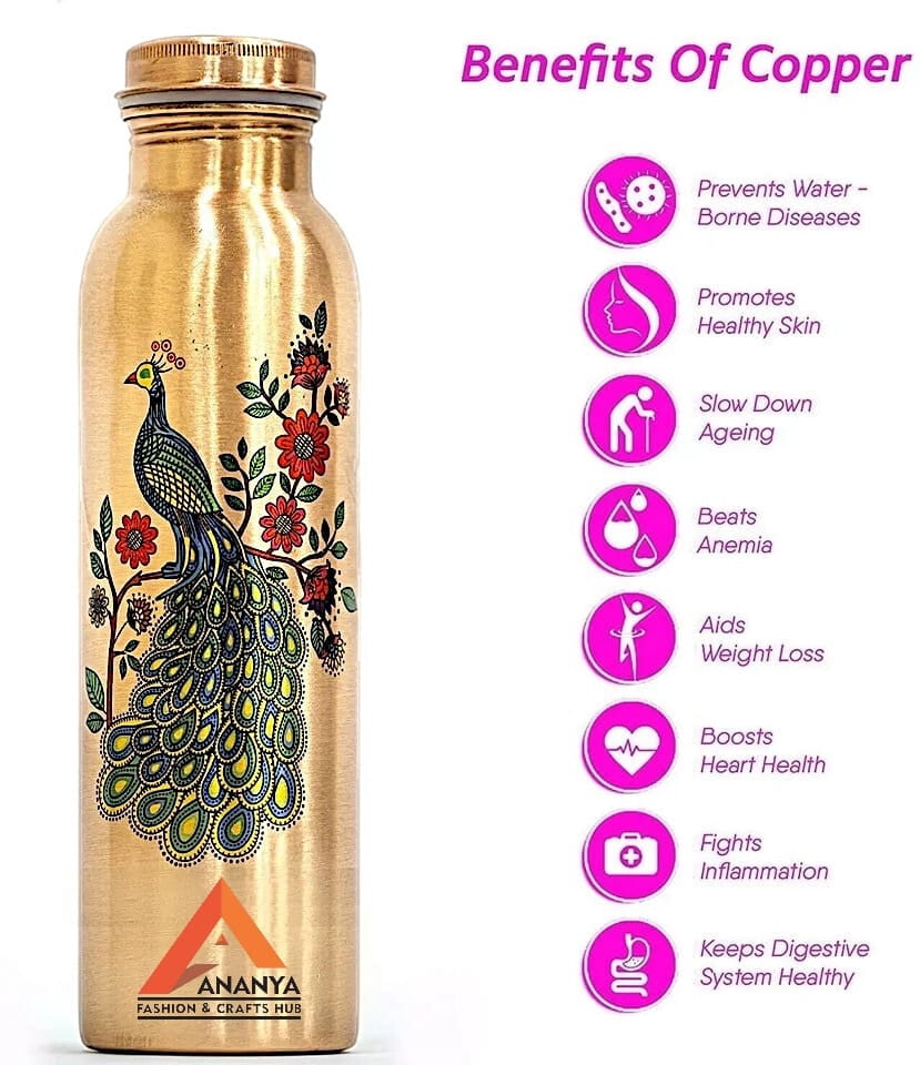 Pure Copper Bottle for Water, Digital Printed, Outside Peacock Design, Joint Less, Capacity 1000 ML