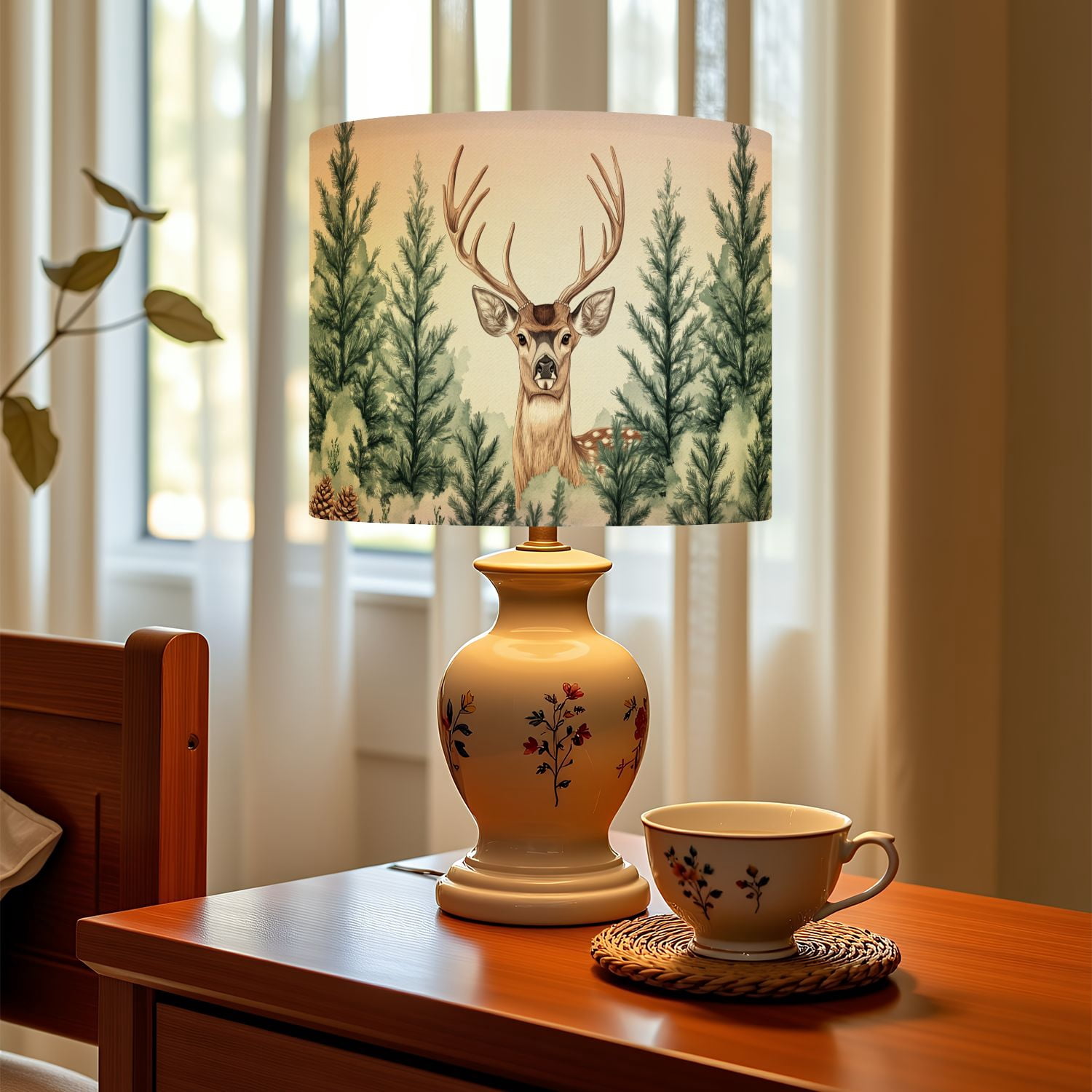 Linen Drum Lampshades Deer Abstract Wild Deer Surrounded By Trees Forest Modern Antlers Pine 13"x13"x10" Light Shade for Table Lamps Floor Lamp Shades Lampshade Replacement Assembly Required