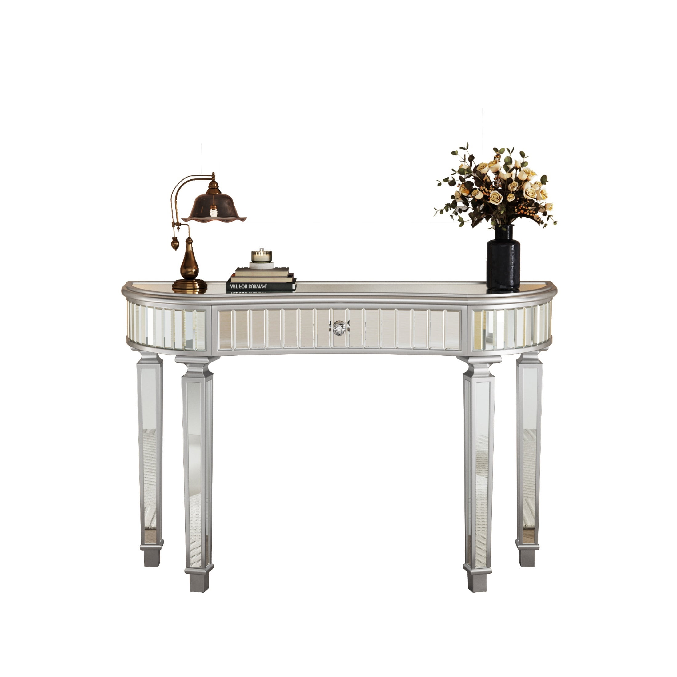 Curved Glass Console Table with Fluted & Crystal Knob Drawer, Mirrored Entryway Display Table, Multi-functional Vanity Desk