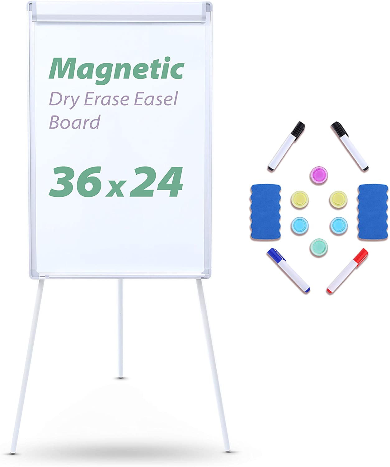 Magnetic White Board 36 x 24 Inches Flipchart Easel Dry Erase Board 3 Markers 6 Magnets Height Adjustable Tripod Whiteboard with 1 Eraser Black Easel Whiteboard 