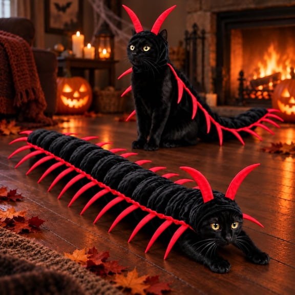 Centipede Cat Costume, 50-Inch 3D Halloween Pet Cosplay Outfit, Filled Multi-Leg Character Costume with Adjustable Hook-and-Loop Closures, for Halloween Parties, Photoshoots and Pet Events
