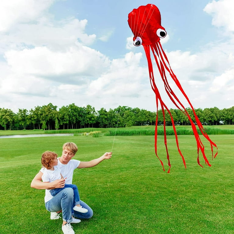 Hengda Kite Software Octopus Flyer Kite With Long Colorful Tail For Kids,  31Inch Wide X 157Inch Long, Large, Red