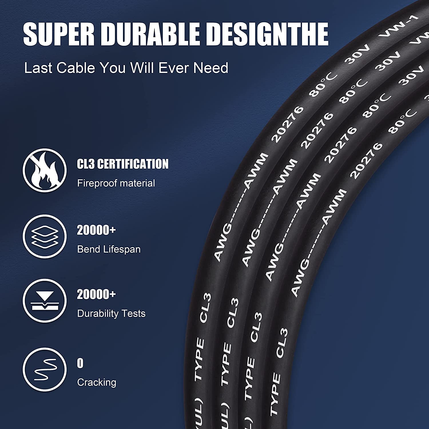  Capshi Cable HDMI 4K de largo 40 pies/39.4 ft, cable HDMI con  clasificación CL3 en pared, compatible con HDR10 8/10 bits 18 Gbps HDCP2.2  ARC) cable blindado HD de alta velocidad