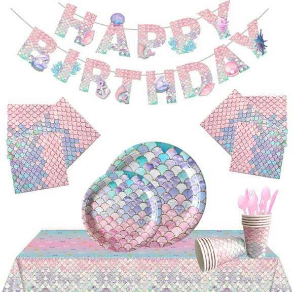 Mermaid Birthday Party Supplies - Tablecloths, Paper Plates, Napkins, Forks, Knives, and Party Tableware Sets