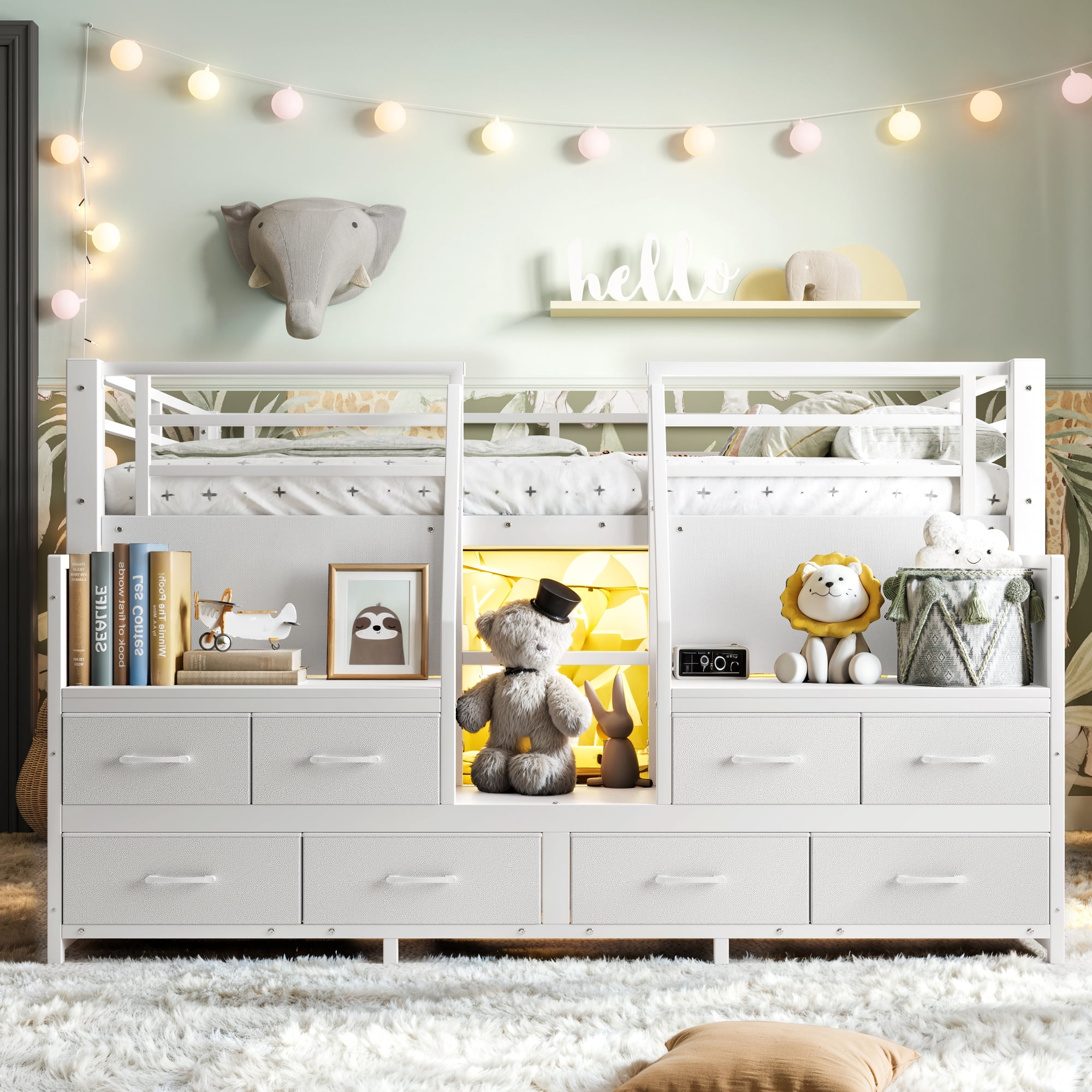 Leumius Full Size Loft Bed with Multi-storage Spaces,Metal Low Loft Bed with Storage Drawers, Shelves,LED Lights and Independent Spaces Under Bed,No Box Spring Needed,Light White