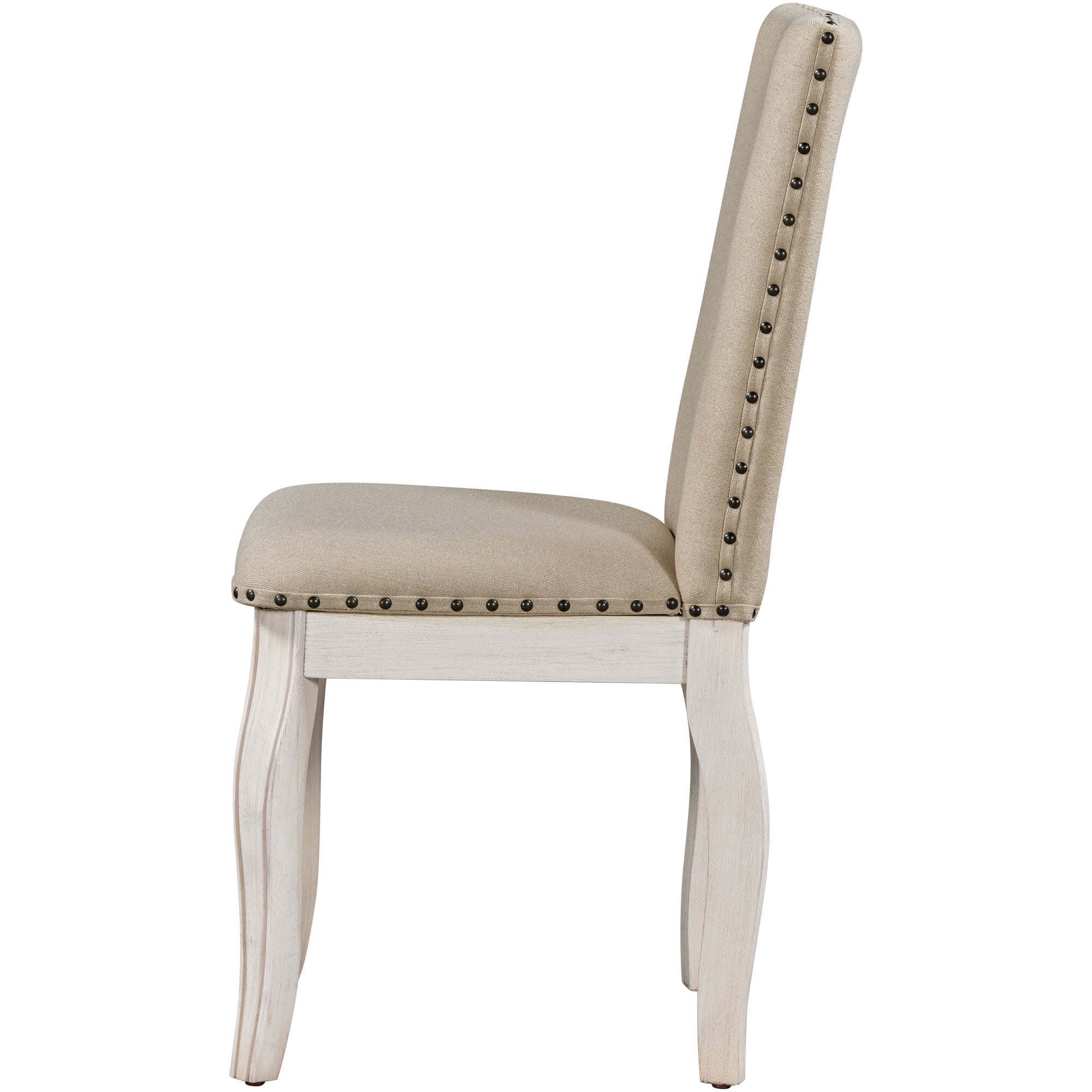 PORKISS Set of 2 Dining Chairs, High Back Upholstered Kitchen Chairs with Solid Wood Frame, Curved Legs and Bronze Nailhead Trim, White
