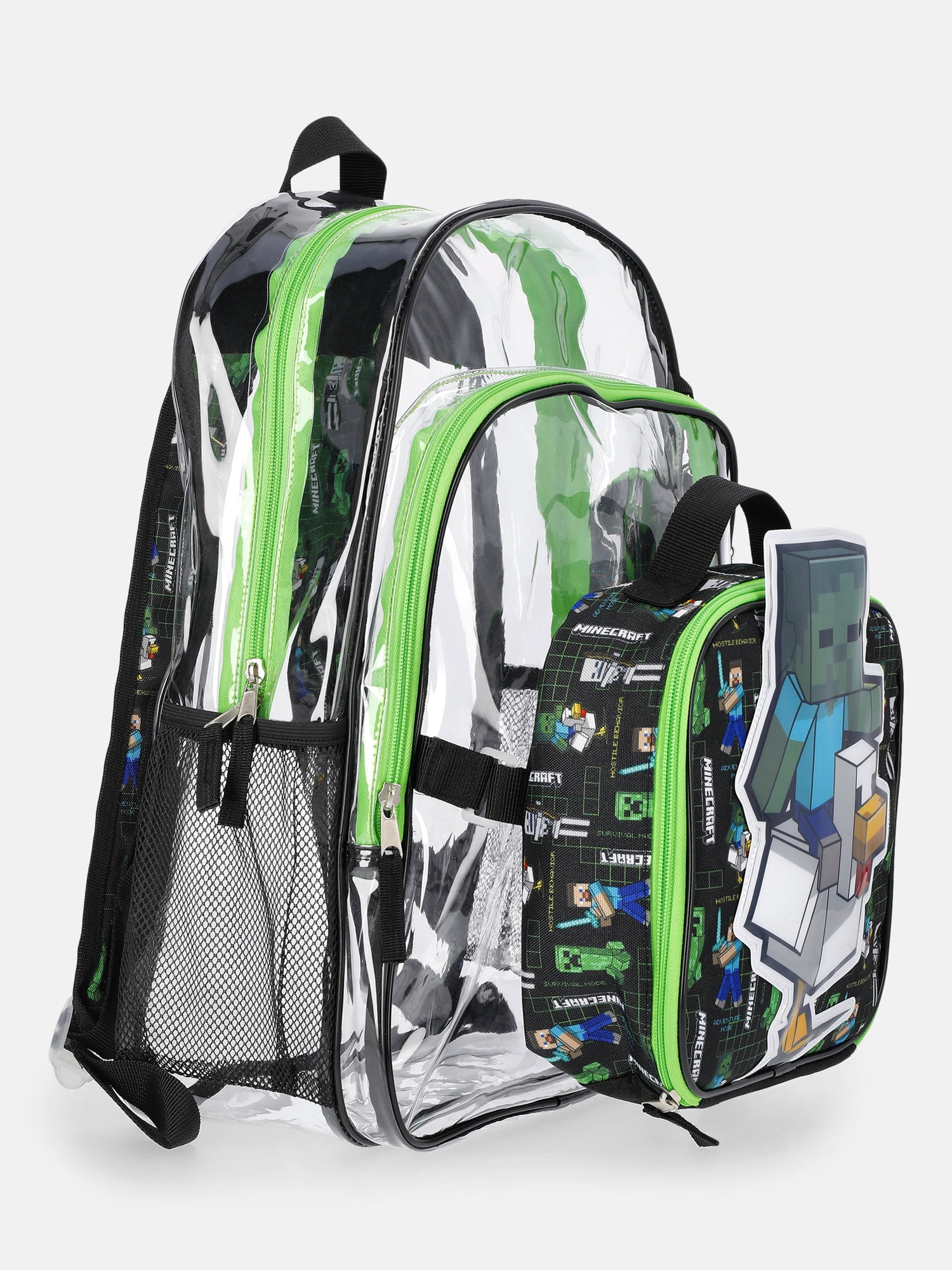 Minecraft Boys 17" Clear Creeper Backpack with Lunch Box and Keychain, 3-Piece Set, Green