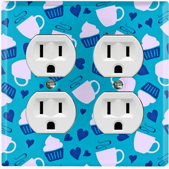 Metal Light Switch Wall Plate Outlet Cover (Coffee Espresso Mocha Cup Navy Blue Heart Baby Blue Cupcake - Double Duplex)