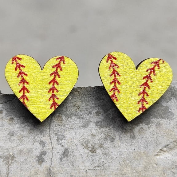 QIQUWOHUL Ladies Earrings Sports Jewelry Heart Shaped Sports Baseball Studs Rugby Football Volleyball Basketball Wood Earrings Fashion Ladies Earrings