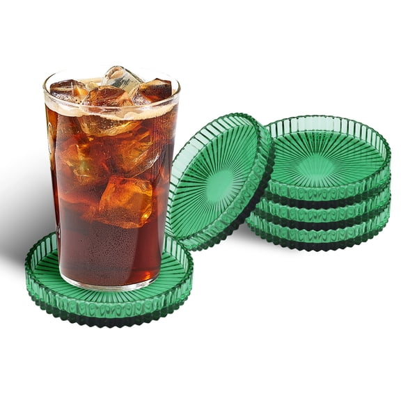 5 Pieces Green Glass Coasters Set, Crystal Drink Coasters Decorative, Clear Round Cup Mat Modern Candle Stand Holder Plate Vintage for Table Kitchen Bars Office Cute Home Dining Room