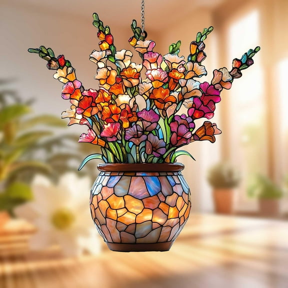 Gladiolus Flower Suncatcher in Colorful Vase, Bright Acrylic Window Decor for Garden Room or Floral Summer Gift for Her and Mom