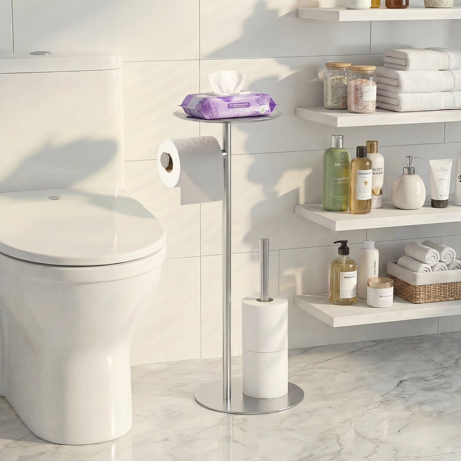 Towond Toilet Paper Holder Stand with Top Storage Shelf, 304 Stainless Steel Toilet Paper Roll Holder Free Standing for 4 Rolls , White
