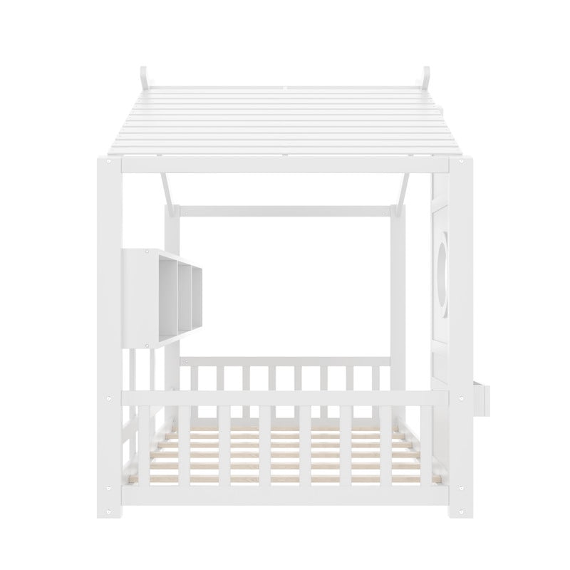 Bellemave Floor House Bed with Storage Shelf, Wood Twin Size Montessori Bed with Fence, Playhouse Beds Frame Can be Decorated, No Box Spring Needed（White)