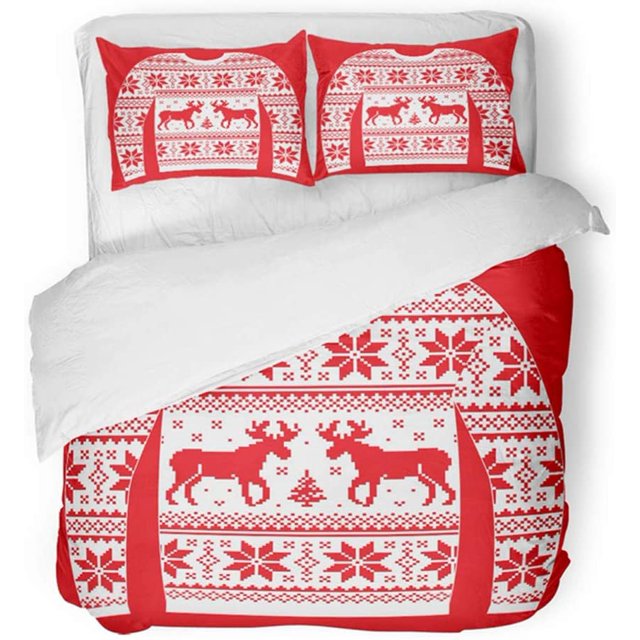 ABPHQTO Juego de ropa de cama de 3 piezas Suéter feo de Navidad con renos y copos de nieve Funda nórdica con patrón rojo y blanco con 2 fundas de almohada