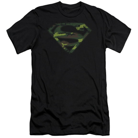Superman Distressed Camo Shield Premium Adult Slim Fit 30/1 T-Shirt Black