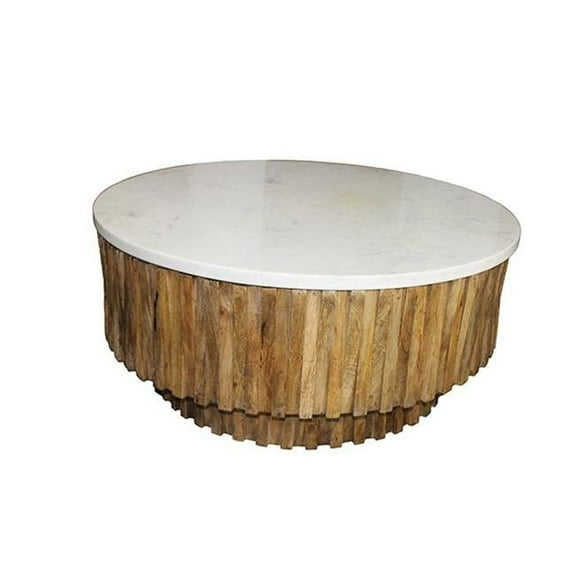 19 x 42 x 42 in. Round Marble Top & Wooden Strips Coffee Table, White & Brown