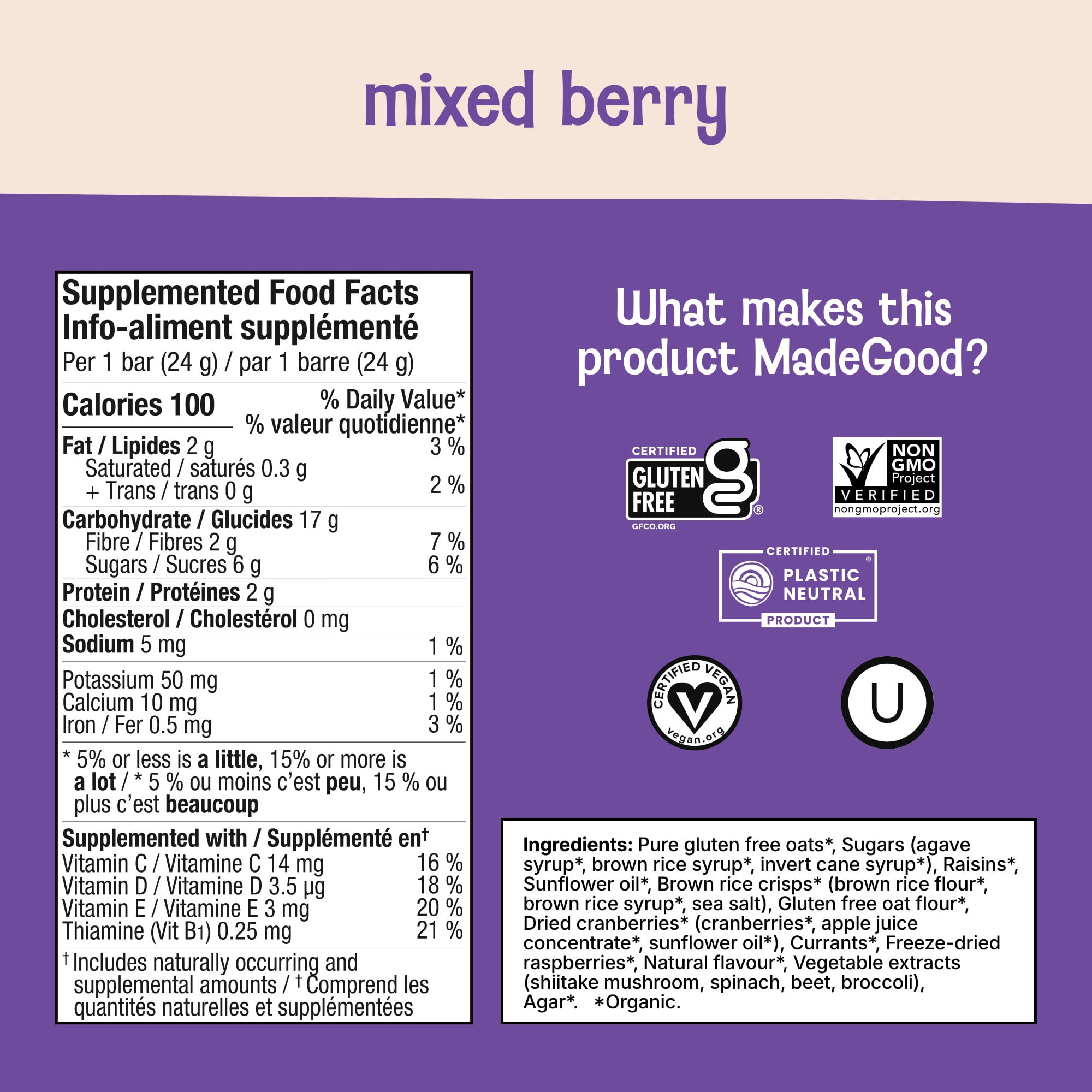 MadeGood Mixed Berry Granola Bars, 36 Healthy Snack Bars, 0.85 oz Each