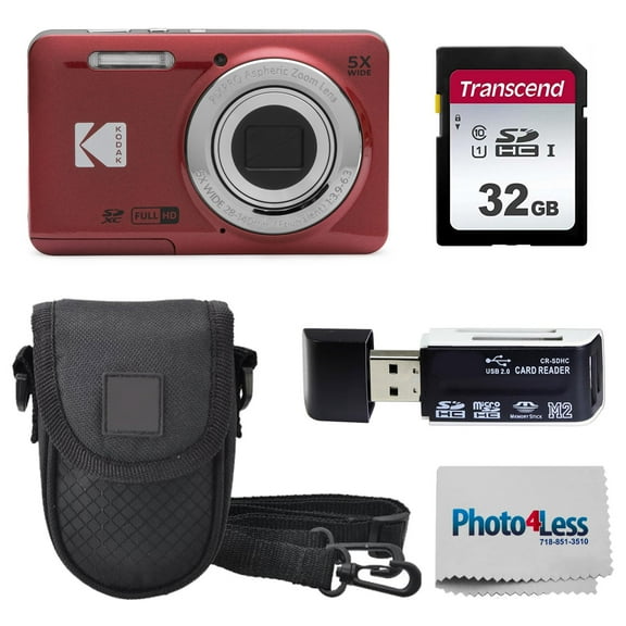 KODAK PIXPRO FZ55 (Red) 16MP Digital Point & Shoot Camera, 5X Optical Zoom, 28mm Wide Angle, 1080P Full HD Video, Bundle with 32GB SD Card, Protective Case, and Hi-Speed Card Reader