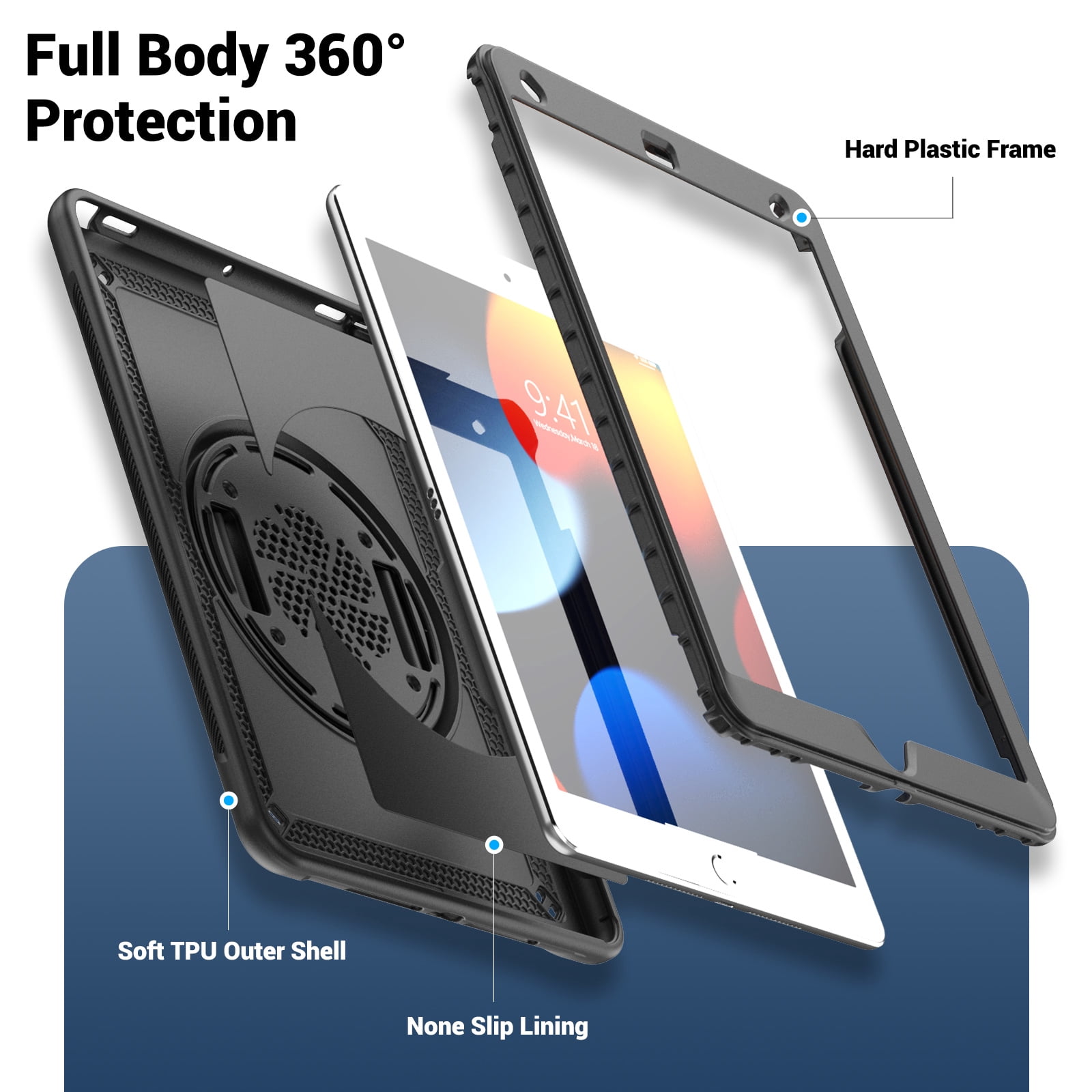 ELEHOLD Case for Apple iPad 10.2 2021/2020/2019 Pro 10.5'2017)(Air 3 10.5 (2019),Soft TPU Rugged Durable Case with 360° Rotating Hand Strap & Foldable Hidden Stand & Pencil Holder,Black