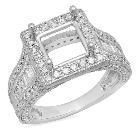 Dazzlingrock Collection 1.85 Carat (Ctw) 18k Round Diamond Semi Mount Round & Baguette Cut Diamond Princess Cut Stone Engagement Ring (No Center Stone), White Gold, Size 7