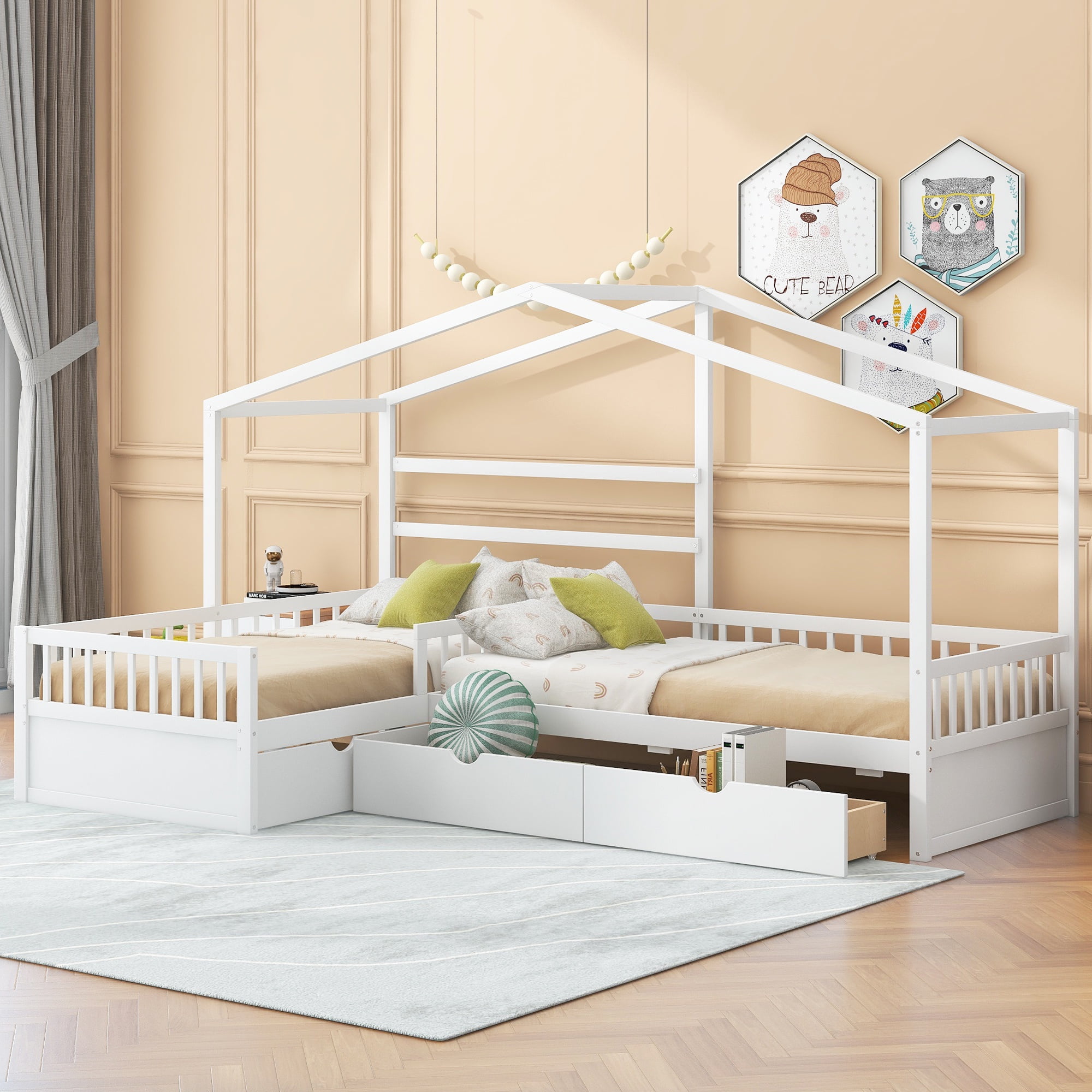 Bellemave House Bed Double Twin Beds, Wood L-Shape Twin Bed with 3 Storage Drawers, Montessori Bed with Roof and Fencefor Toddler Kids Girls Boys (White)