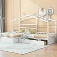 thumbnail image 3 of Bellemave House Bed Double Twin Beds, Wood L-Shape Twin Bed with 3 Storage Drawers, Montessori Bed with Roof and Fencefor Toddler Kids Girls Boys (White), 3 of 8