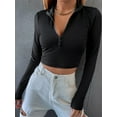 thumbnail image 2 of Women Long Sleeve Crop Tops Mock Turtle-Neck Tops Zip Up Crop Top for Women Fitted Cropped Shirts Trendy, 2 of 6