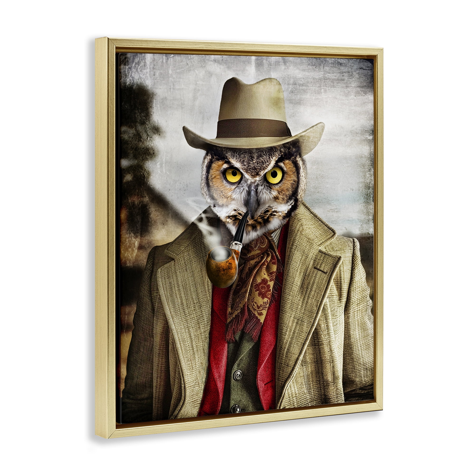 Stupell Industries Owl with Classic Pipe Animals & Insects Painting Gold Floater Framed Canvas Art Print Wall Art, 17 x 21