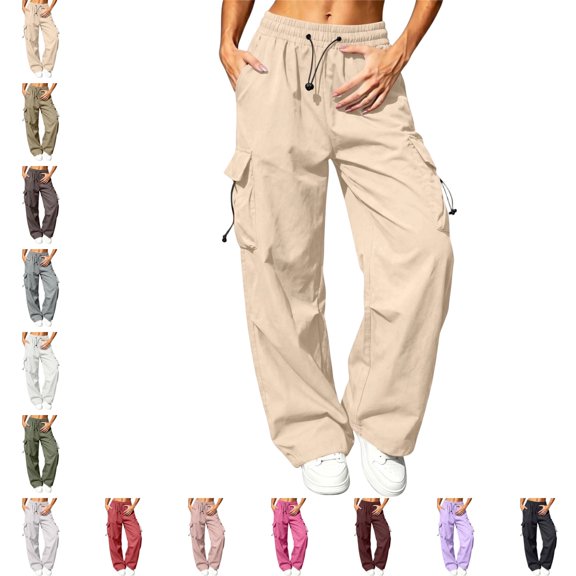 OIOLOYJM Parachute Pants for Women Baggy Wide Leg Y2K Drawstring Waist Cargo Pants with Pockets Trendy Casual Outdoor Workout Hiking Sweatpants