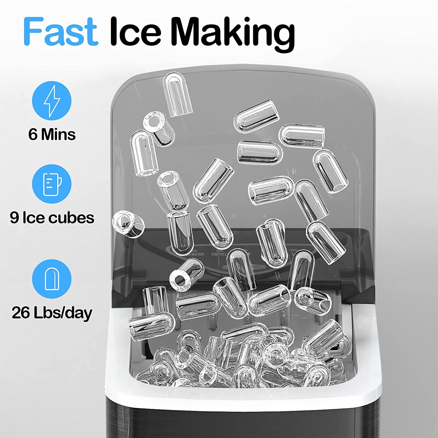 Countertop Ice Maker Machine Self Cleaning 26L/24H Portable Icemaker with Scoop Basket for Home Office Bar Black