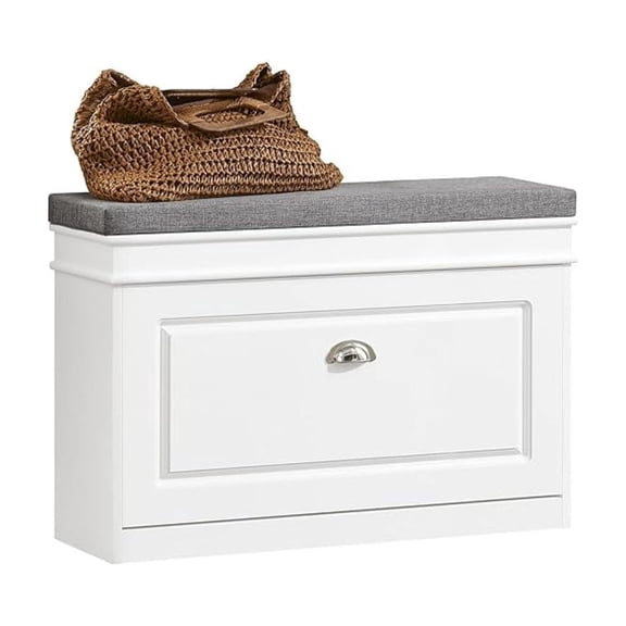 Small Shoe Storage , Narrow Shoe Cabinet for Entryway, Shoe Rack with Cushion&2 Tiers -Drawer, Closet Hallway Mudroom White FSR82-L-W