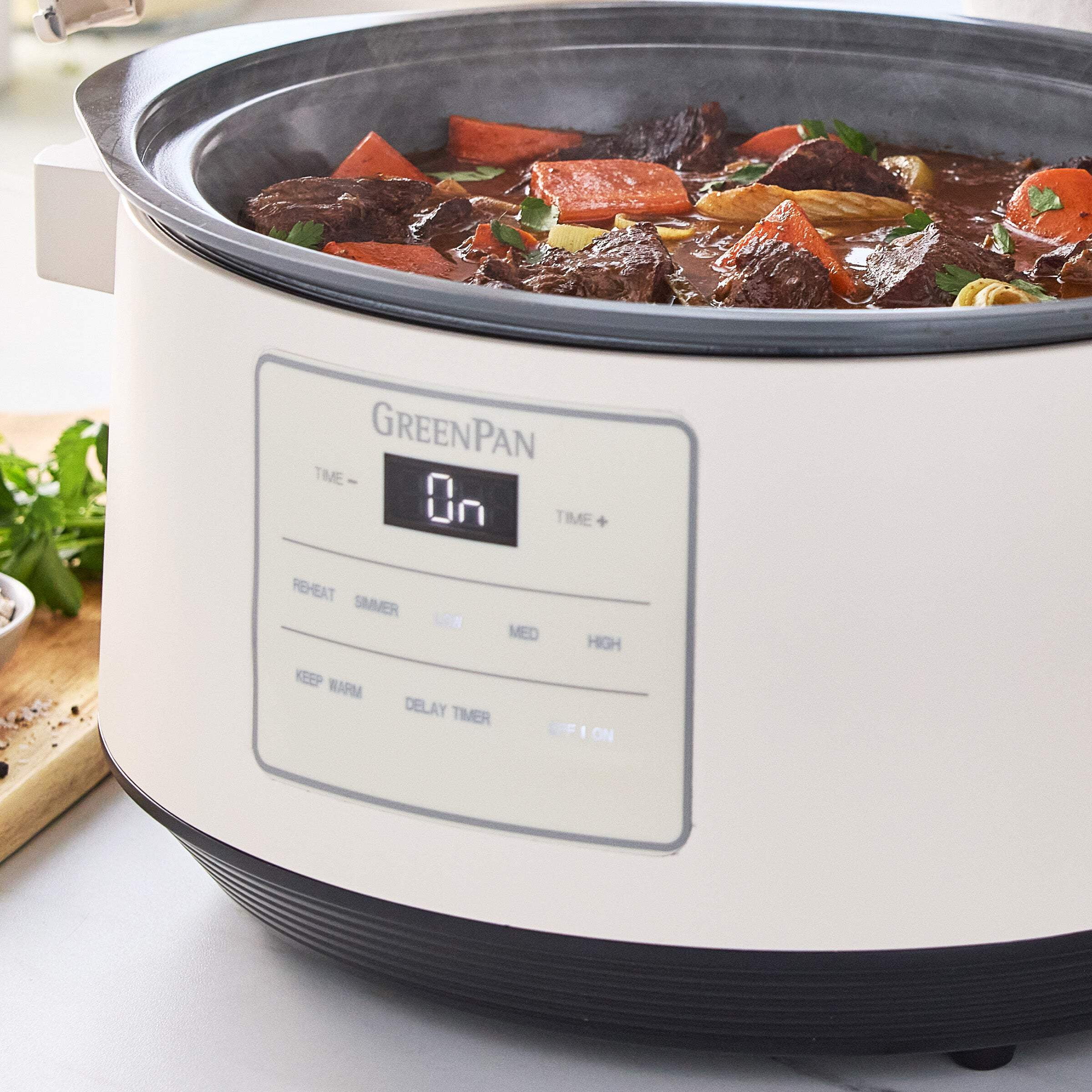 GreenPan 8 Quart Family Size Locking Lid Slow Cooker, Cream
