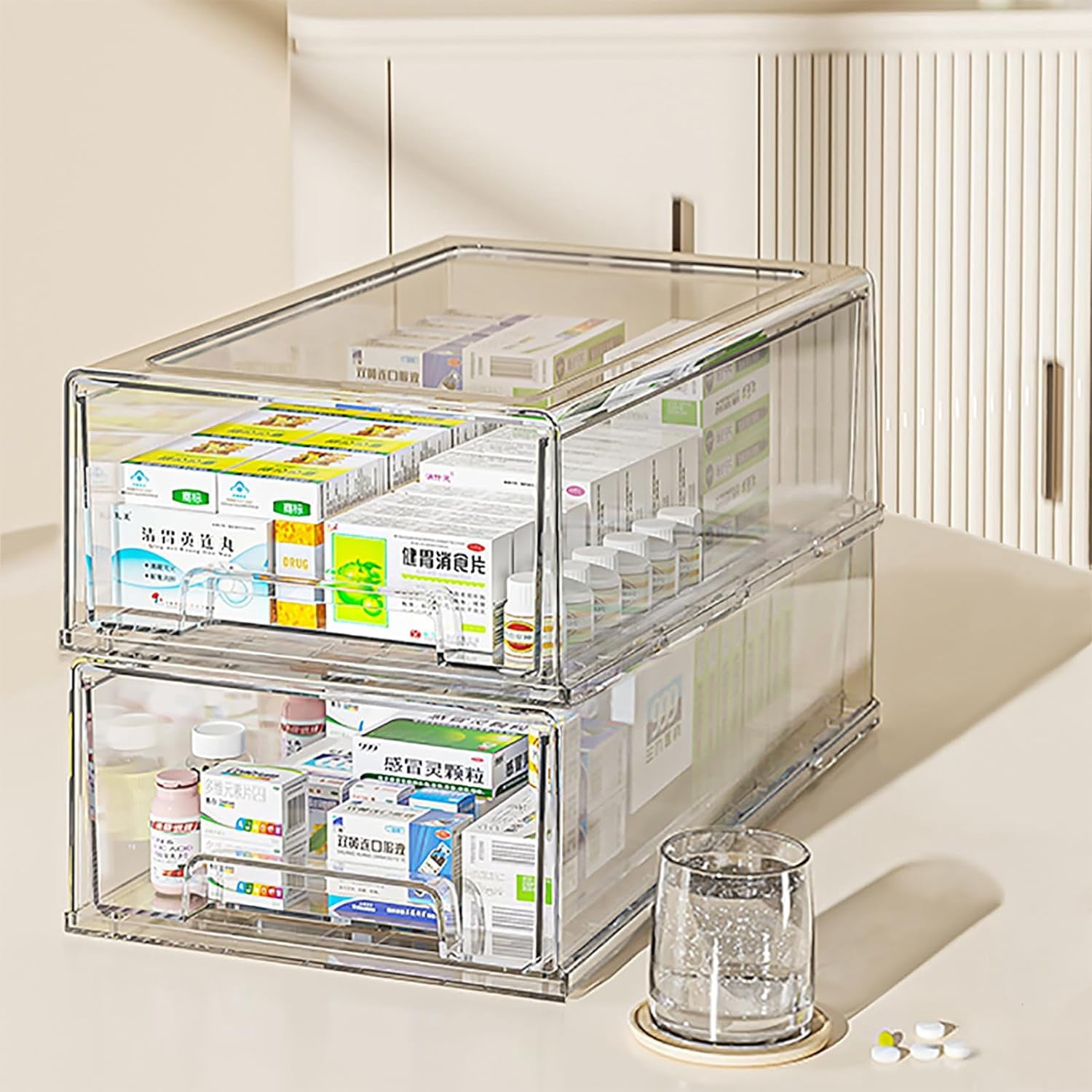 2 Pack - Clear Pulling Medicine Drawer First Aid Kit Box for Bathroom, Cabinet, Closet,Medicine Organizer, Medicine Storage Box Adhesive Bandages Family Emergency Kit (L drawer)