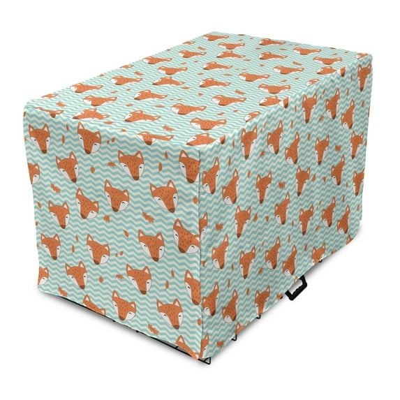 Cartoon Dog Crate Cover, Funny Fox Faces on Geometric Horizontal Zigzag ...