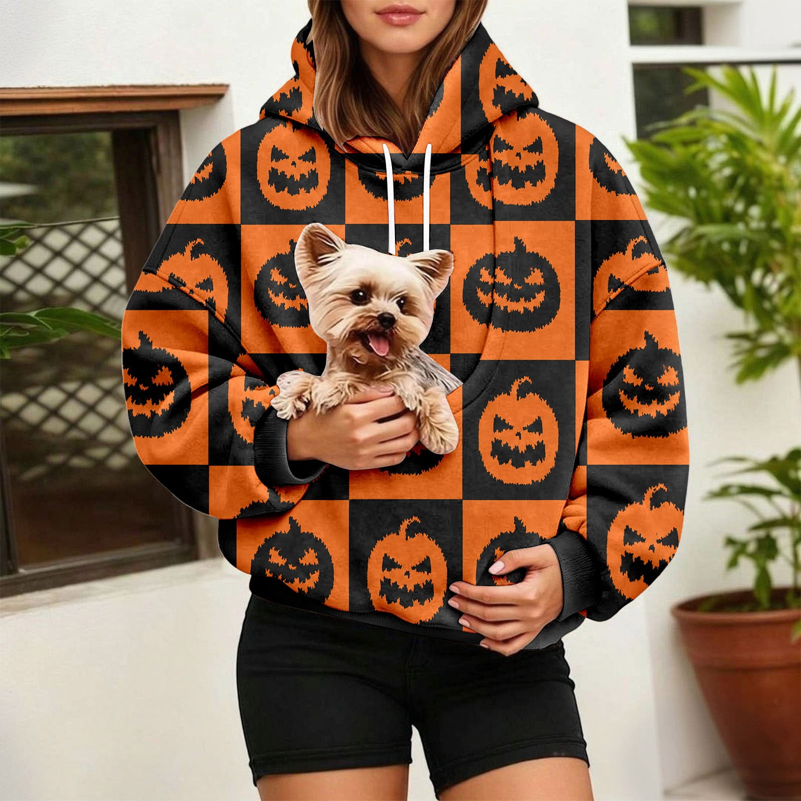 Angala Halloween Womens Pet Pouch Hoodies Hooded Sweatshirt Relaxed Fit Top for Women Autumn Winter Everyday Attire